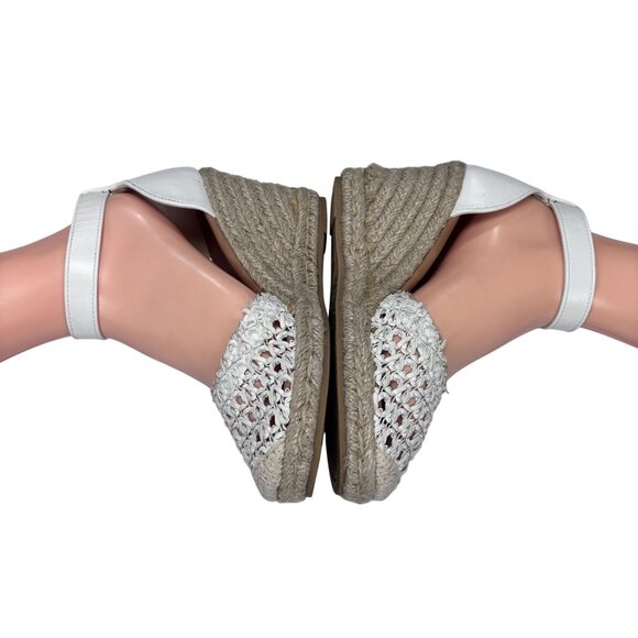 White Crochet Espadrille Wedge Sandals With Ankle Strap & Buckle Closure - Picture 3 of 9
